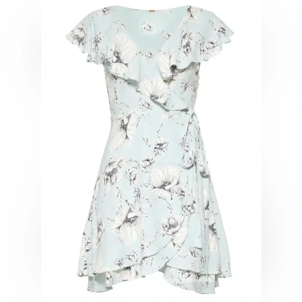 FREE PEOPLE NWOT Floral Ruffle Midi Wrap Dress in Light Blue and White, Size L - Picture 2 of 15